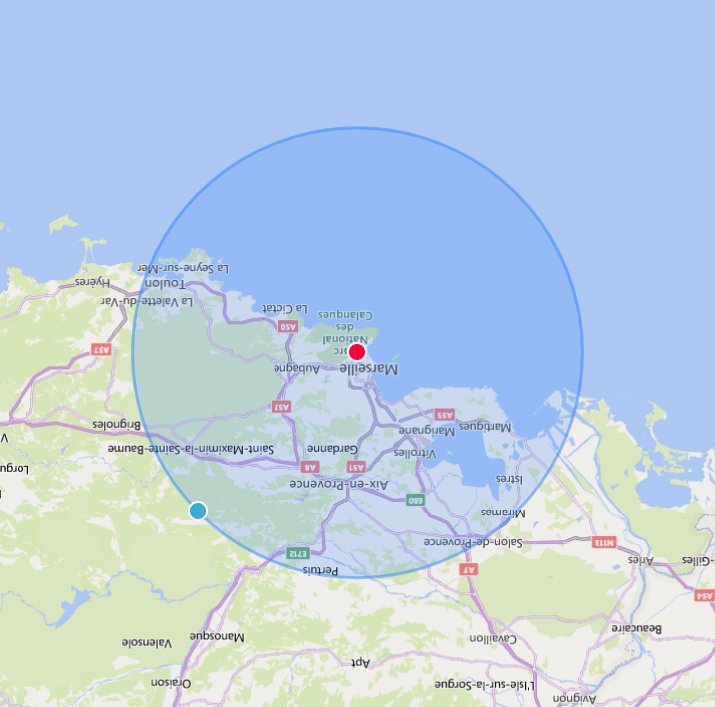 Carte d'une zone d'intervention de 50km